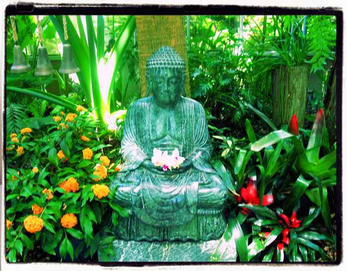 Buddha meditating in a garden